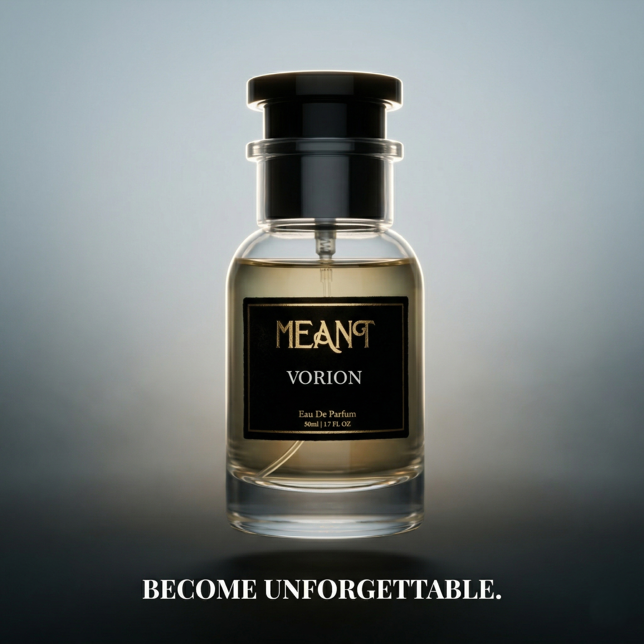 Meant Vorion perfume bottle on a gradient background with text 'BECOME UNFORGETTABLE'.