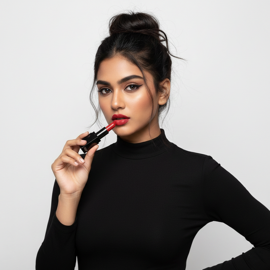 GenZ model applying MEANT Silky Swipe Creamy Matte Lipstick, Your Desire shade in elegant black outfit