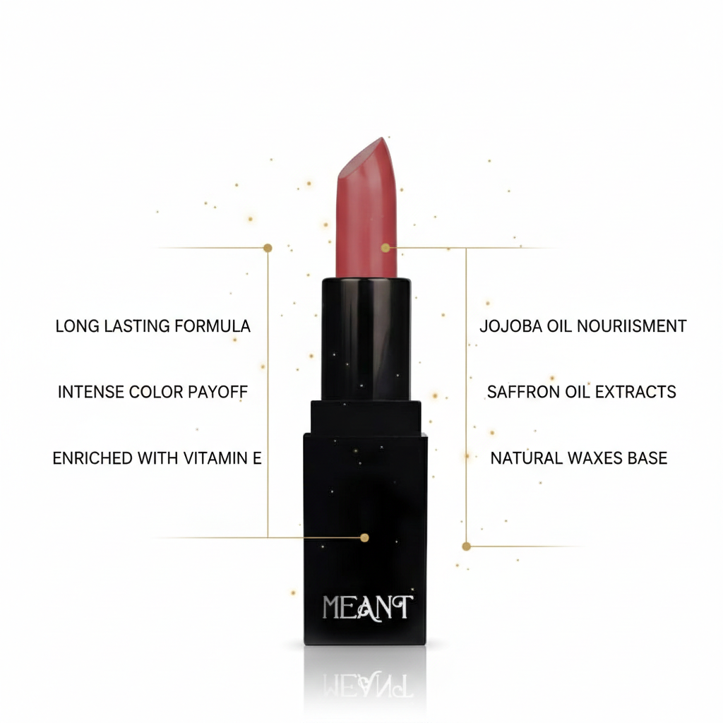 MEANT Silky Swipe Your Desire Lipstick on a white background, displaying its features.