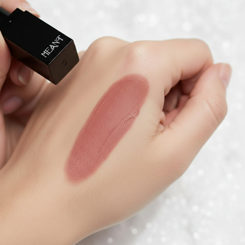 MEANT Silky Swipe Your Desire Lipstick swatch on a hand.