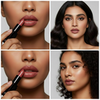 Collage of a woman applying MEANT Silky Swipe Your Desire Lipstick and close-ups of her lips.