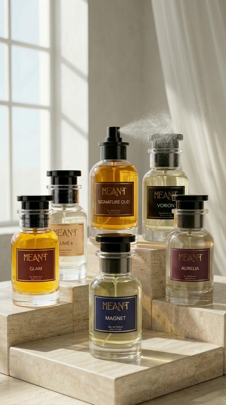 Collection of Meant perfume bottles on a wooden stand with a neutral background