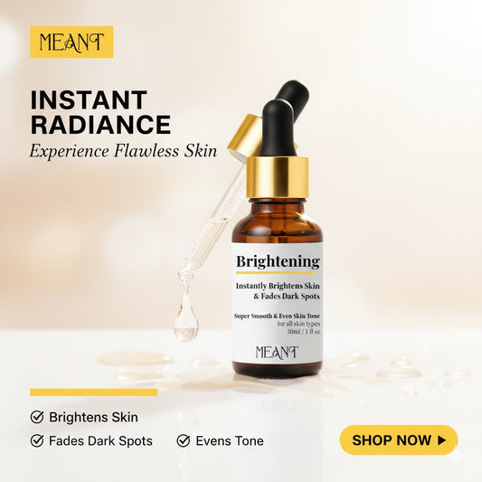 MEANT brightening face serum bottle with dropper on a beige background
