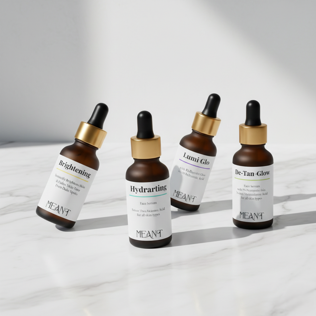 Four MEANT skincare serum bottles with droppers on a white marble with light gray background