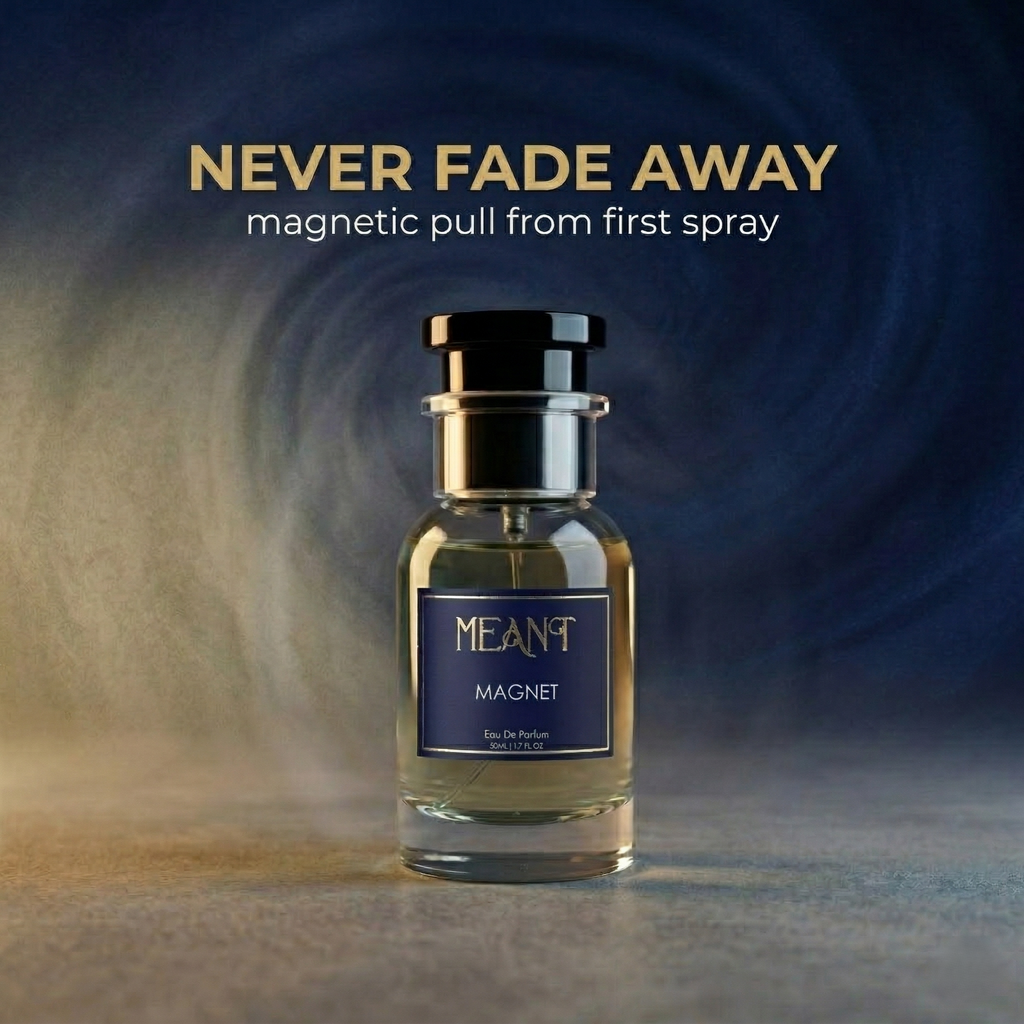 MEANT magnet perfume bottle on a gradient background showing its sillage power & long-lasting performance from morning to night.