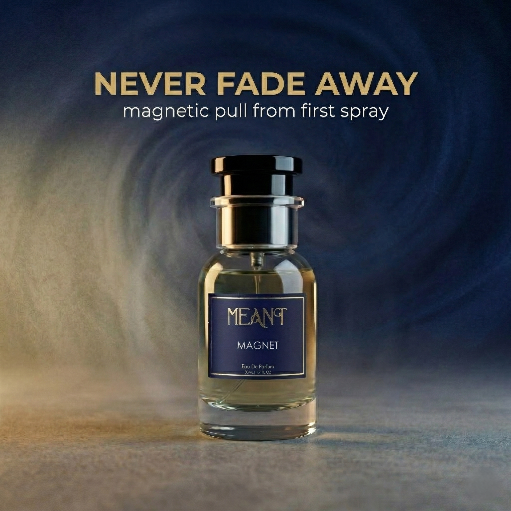 MEANT magnet perfume bottle on a gradient background showing its sillage power & long-lasting performance from morning to night.