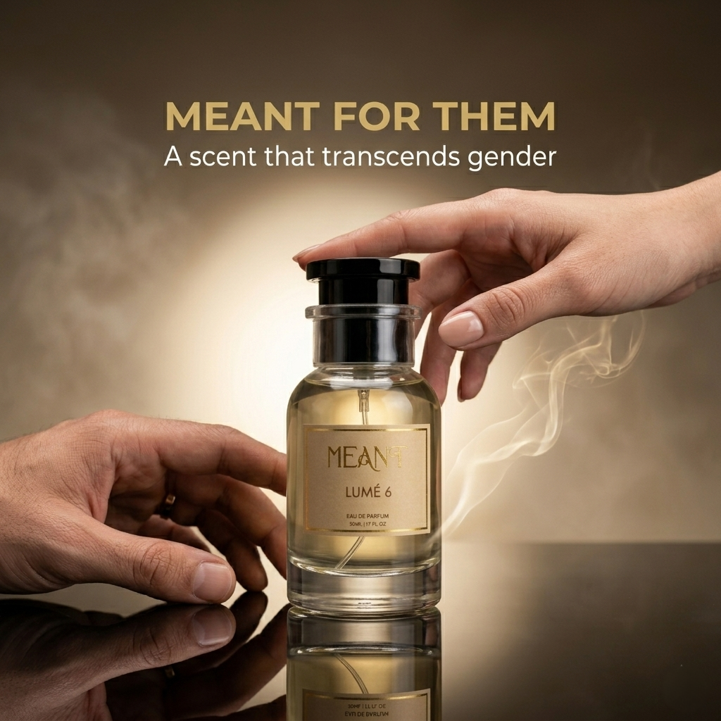 Perfume bottle of 'MEANT LUMÉ 6' held by male & female hands to showcase its unisex appeal.