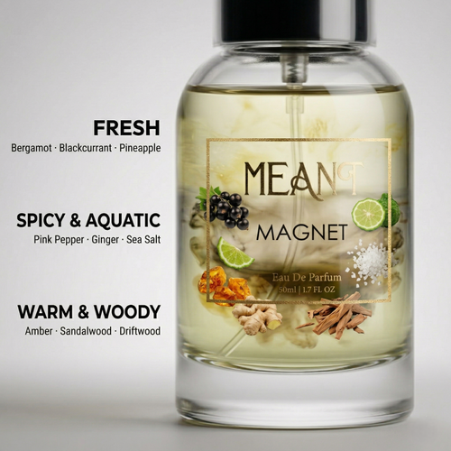 Ultra long-lasting perfume bottle of MEANT Magnet with top, heart & base notes' description on a light gray background.