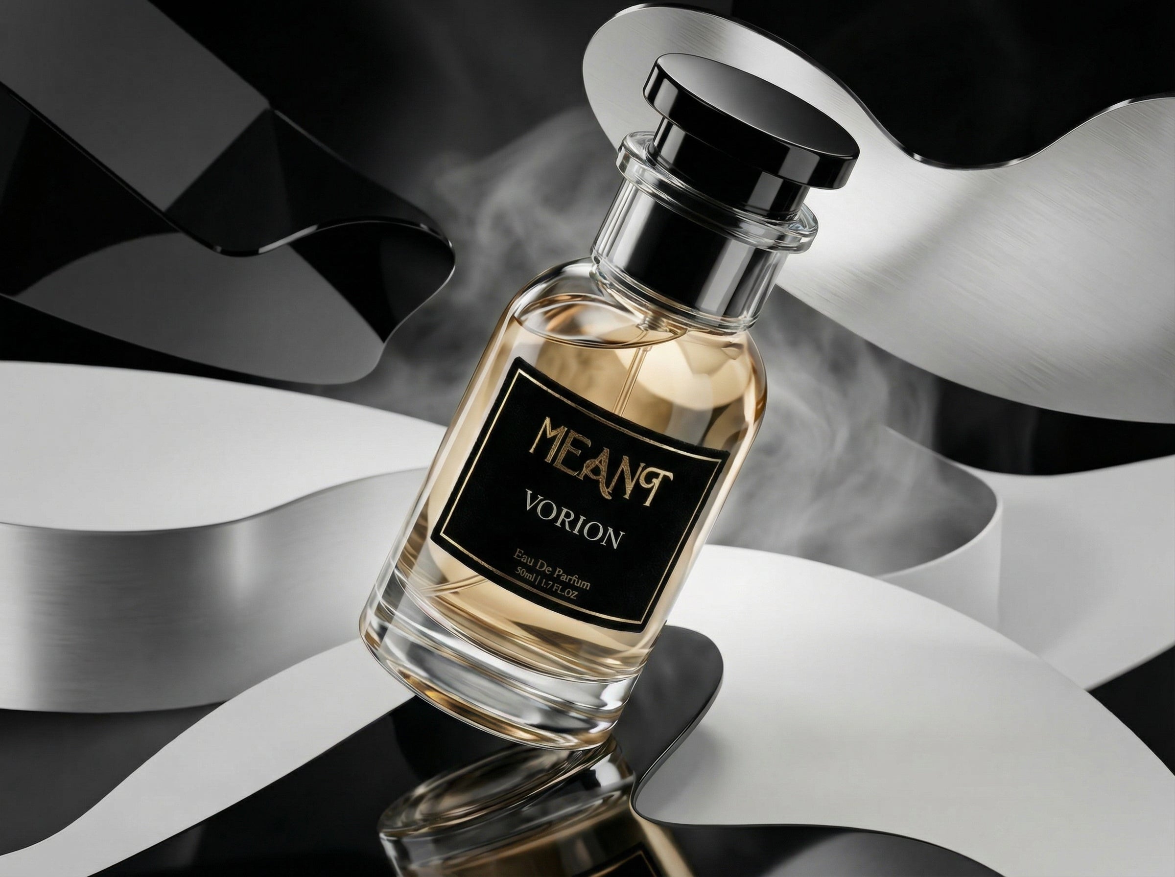 Luxury MEANT perfume bottle with dramatic lighting in cinematic setting.