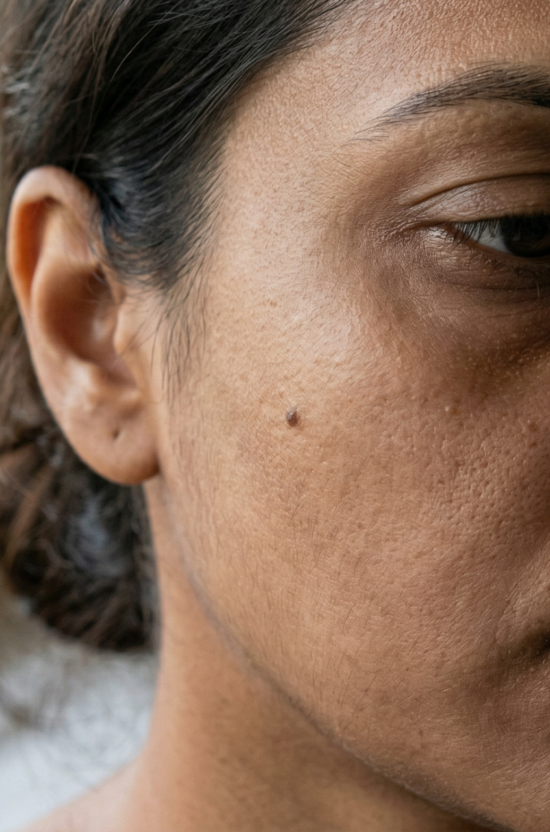 Close-up of a female's face with visible skin texture and a mole.