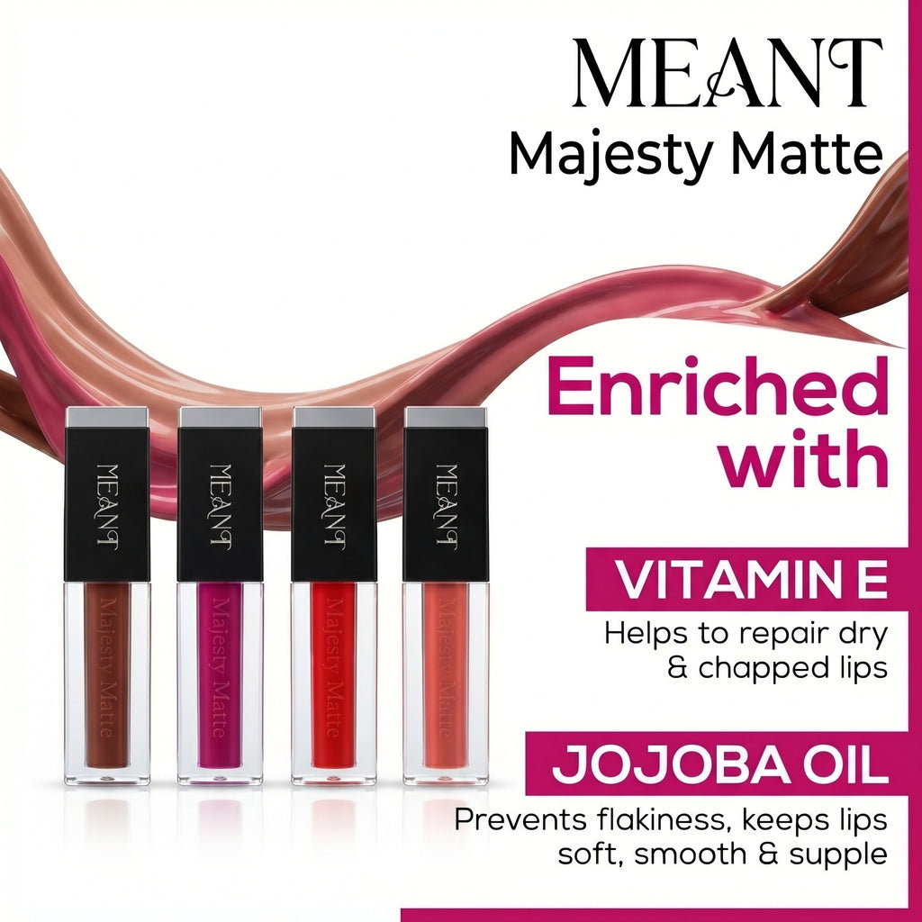 MEANT Majesty Matte liquid lipstick set with product names and benefits on a white background