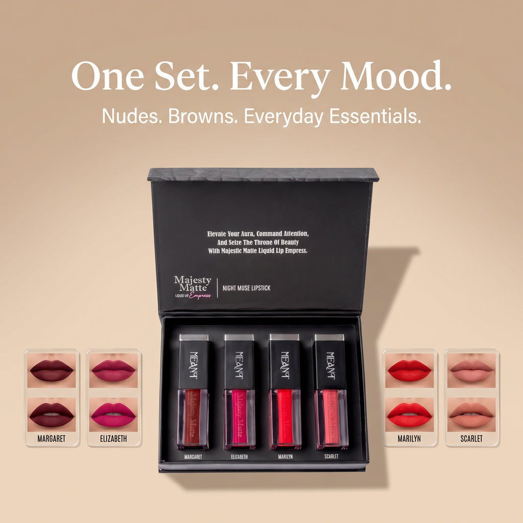 Set of meant long lasting matte liquid lipsticks with color swatches on a beige background with luxury magnetic box and lip swatches.