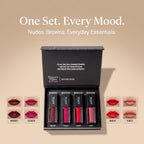 Set of meant long lasting matte liquid lipsticks with color swatches on a beige background with luxury magnetic box and lip swatches.