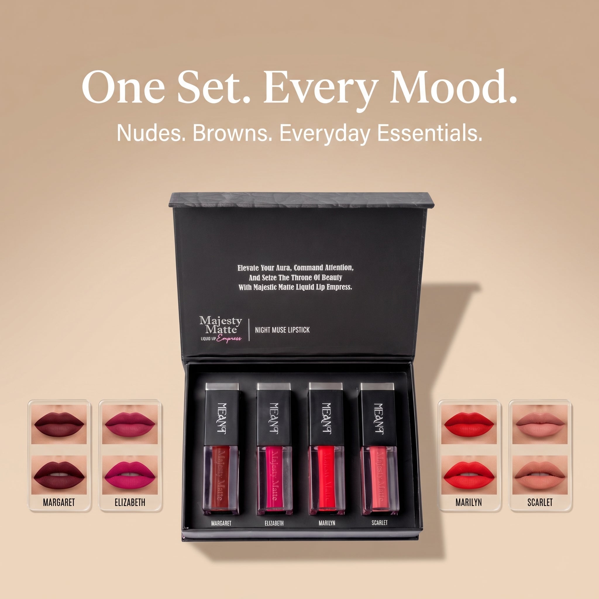 Set of meant long lasting matte liquid lipsticks with color swatches on a beige background with luxury magnetic box and lip swatches.