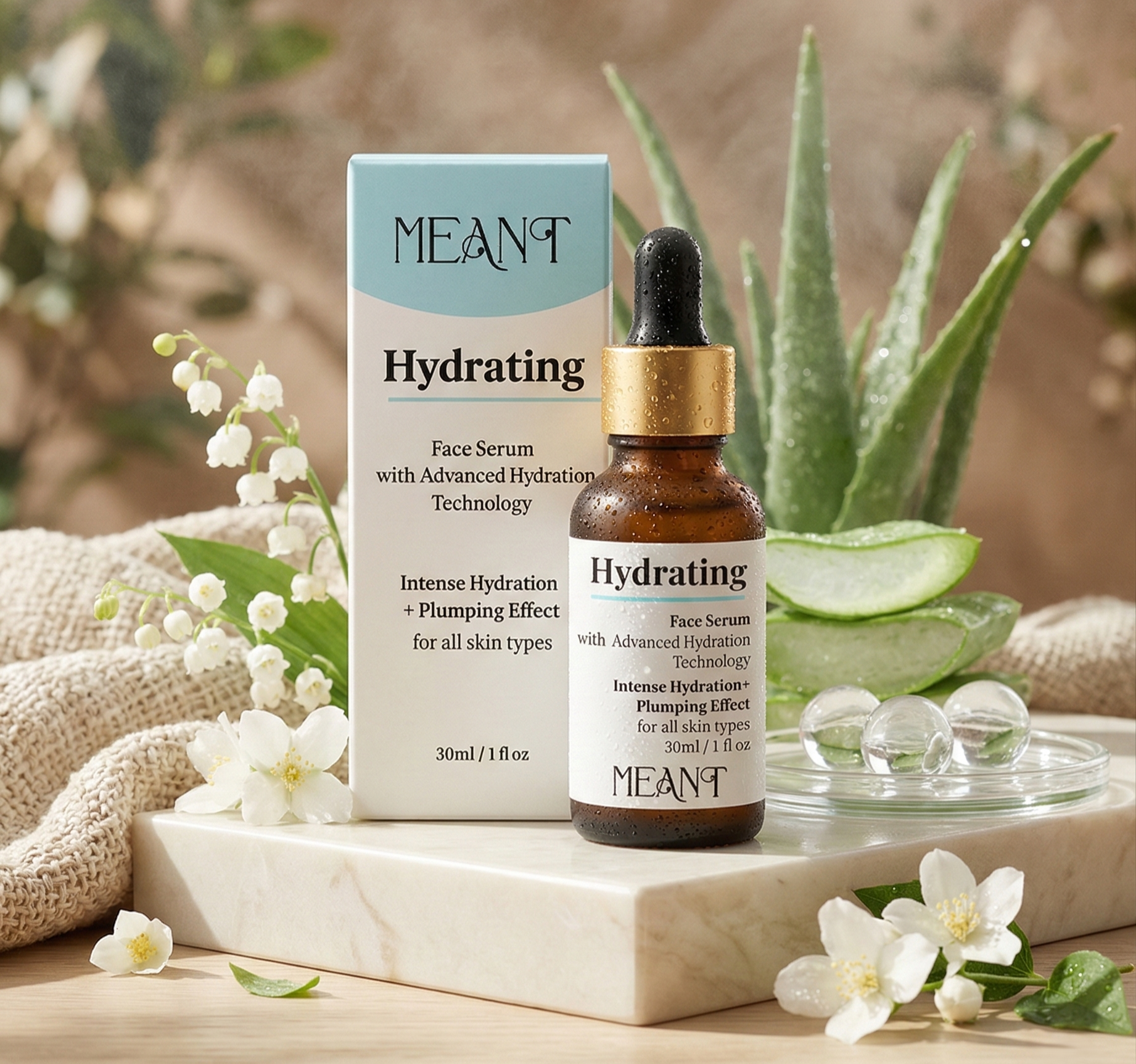 Meant hydrating face serum with packaging on a marble surface with flowers and aloe vera.
