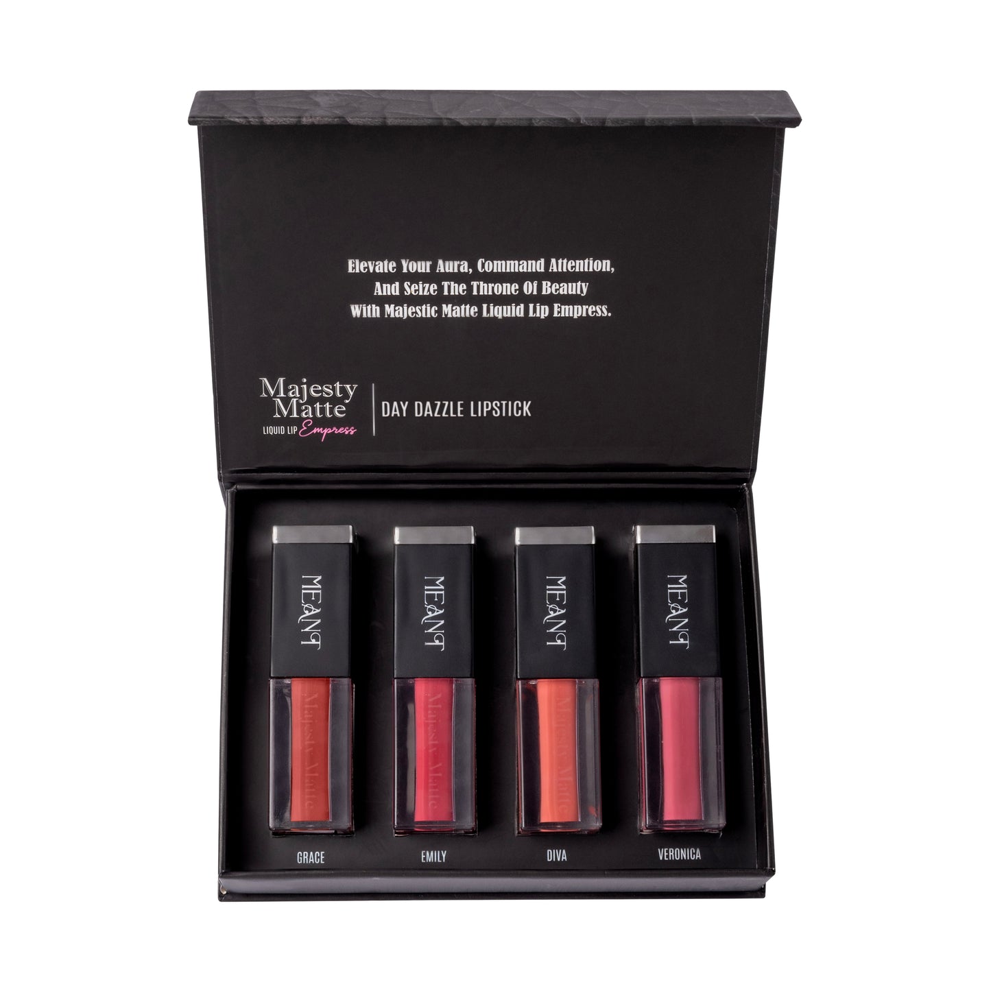 Meant Majesty Matte Day Dazzle Premium Matte Liquid Lipstick Combo open box. Grace, emily, diva, veronica.