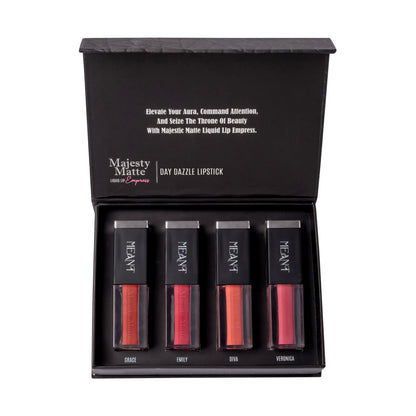 Meant Majesty Matte Day Dazzle Premium Matte Liquid Lipstick Combo open box. Grace, emily, diva, veronica.