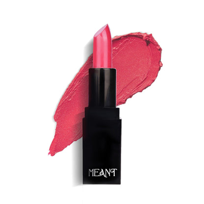 Meant Silky Swipe Creamy Matte Lipstick Bombshell Barbie Shade Swatch in background