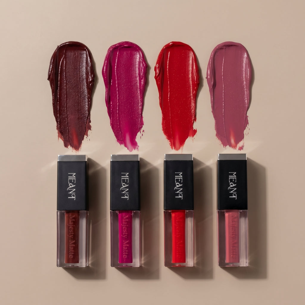 Four matte liquid lipsticks with swatches on a beige background, featuring the brand 'MEANT'.