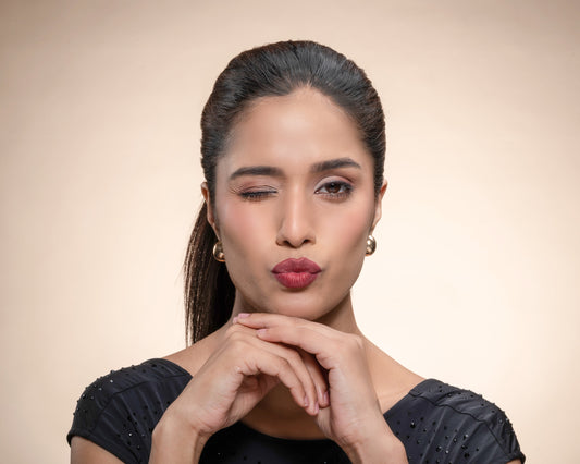 Meant Silky Swipe long lasting creamy lipstick- Hot Hazard shade model shot