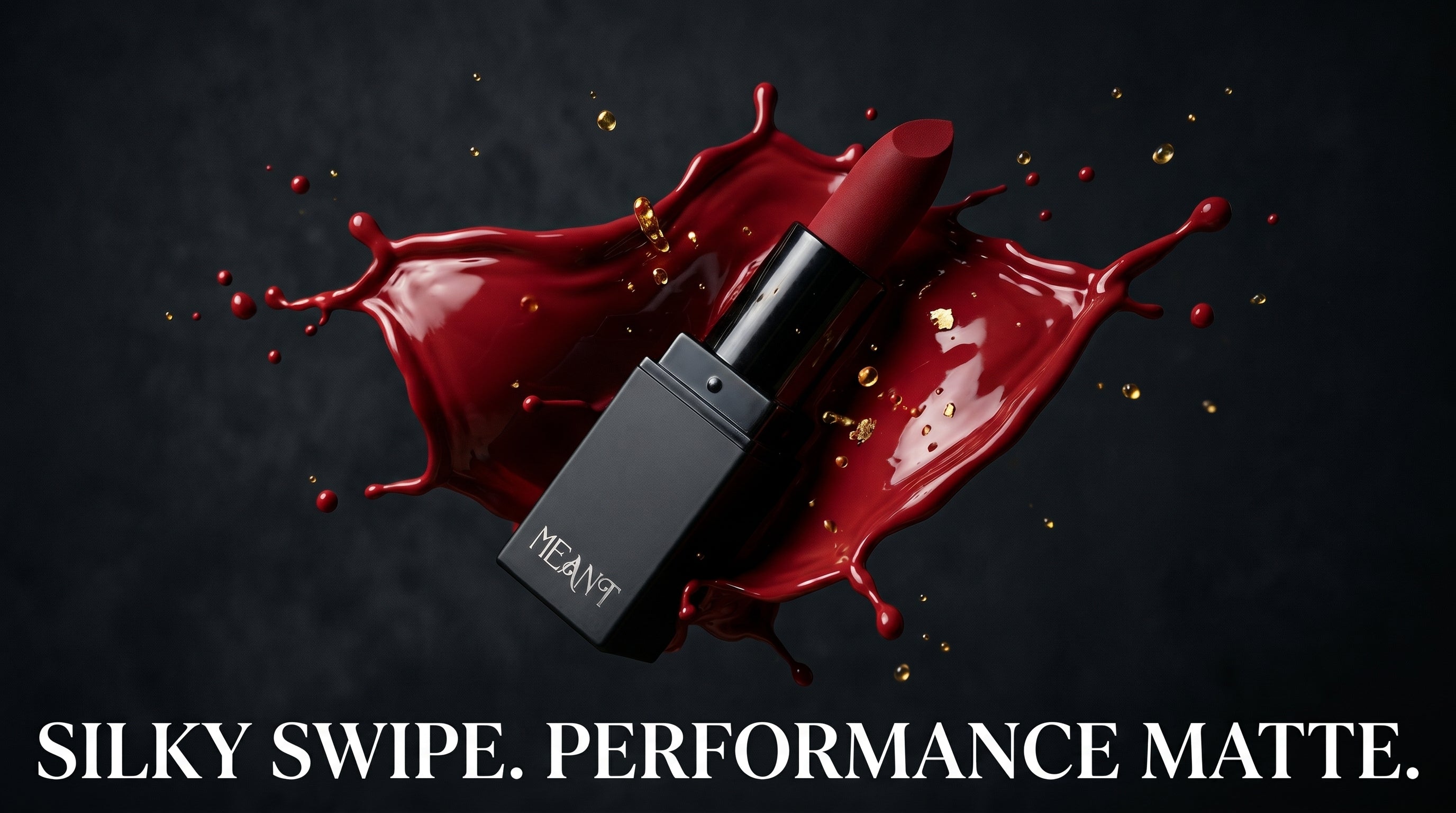 Meant lipstick hot hazard shade with red liquid splashes on a dark background, featuring its mate performance.