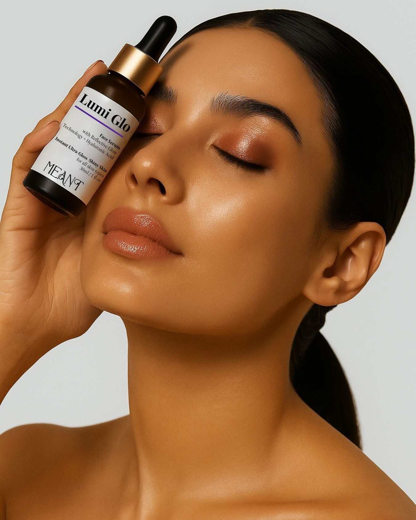Beautiful Model holding MEANT Lumi Glo Face Serum in a professional photoshoot with white background
