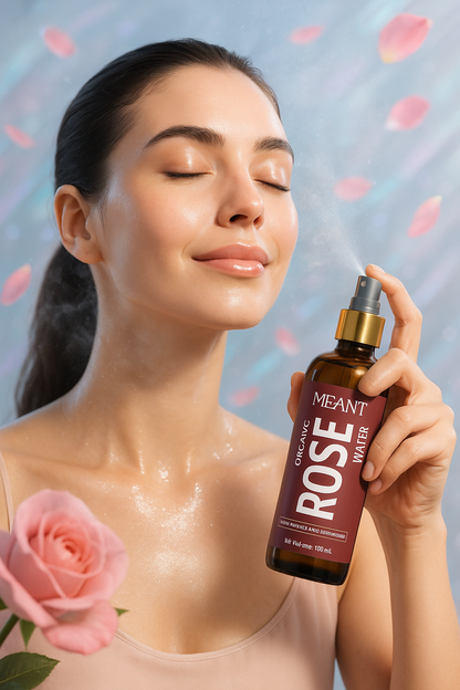Model spraying MEANT Organic Rose Water