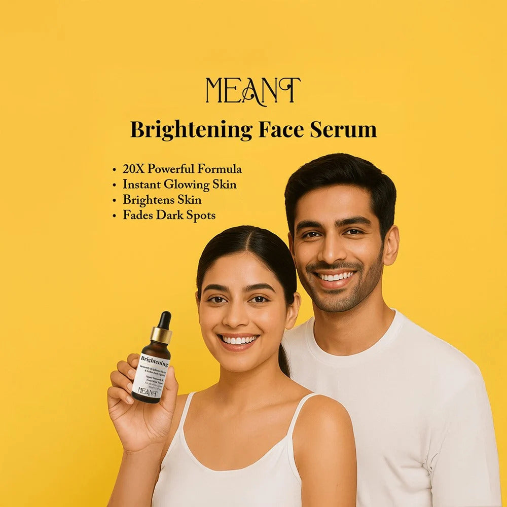 Two people holding a bottle of MEANT Brightening Face Serum against a yellow background