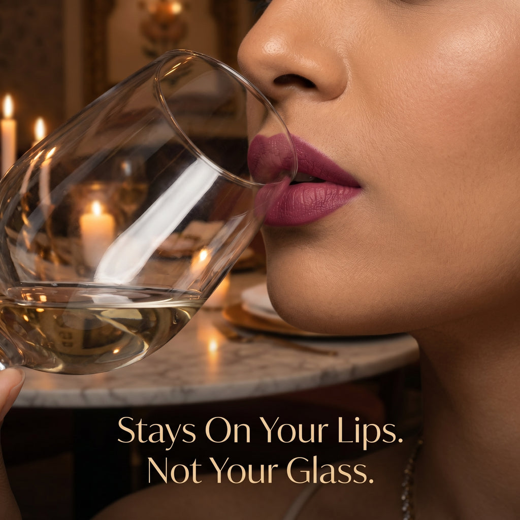 Woman holding a glass of white wine with meant's elizabeth liquid lipstick applied on her lips showing transfer proof quality of Meant liquid lipstick set