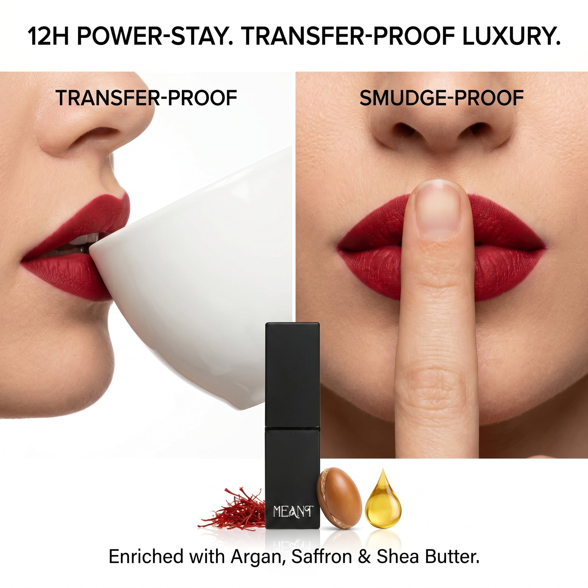 Meant lipstick with text highlighting features and ingredients, close-up of lips and product.
