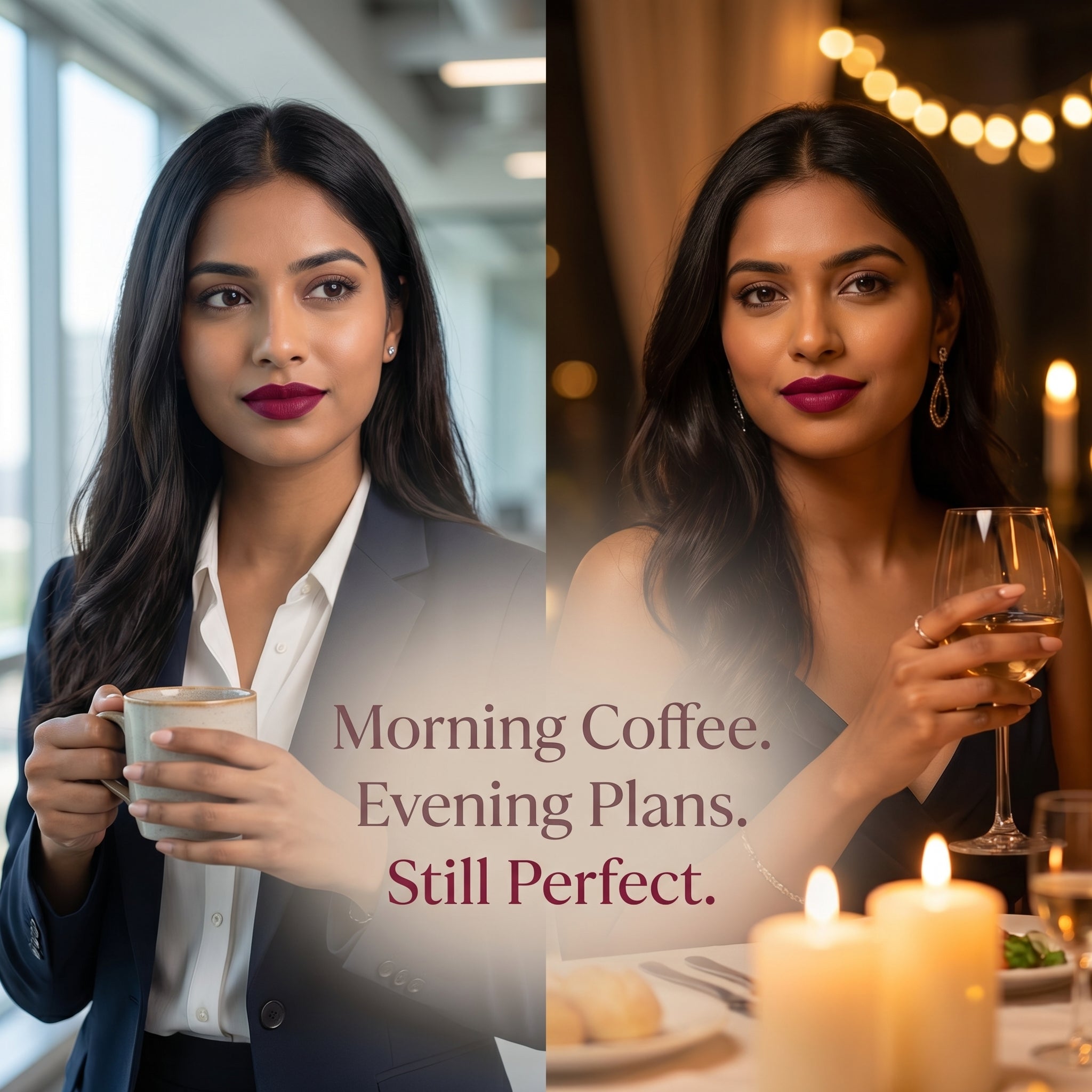 Woman holding a coffee mug with text 'Morning Coffee. Evening Plans. Still Perfect. showing ultra long lasting quality of Meant lipsticks