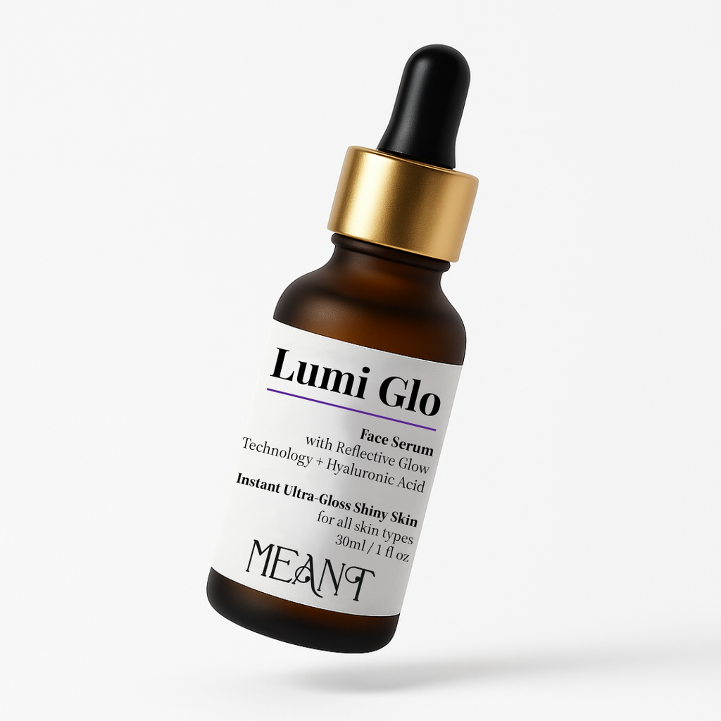 MEANT Lumi Glo Face Serum bottle in air photoshoot