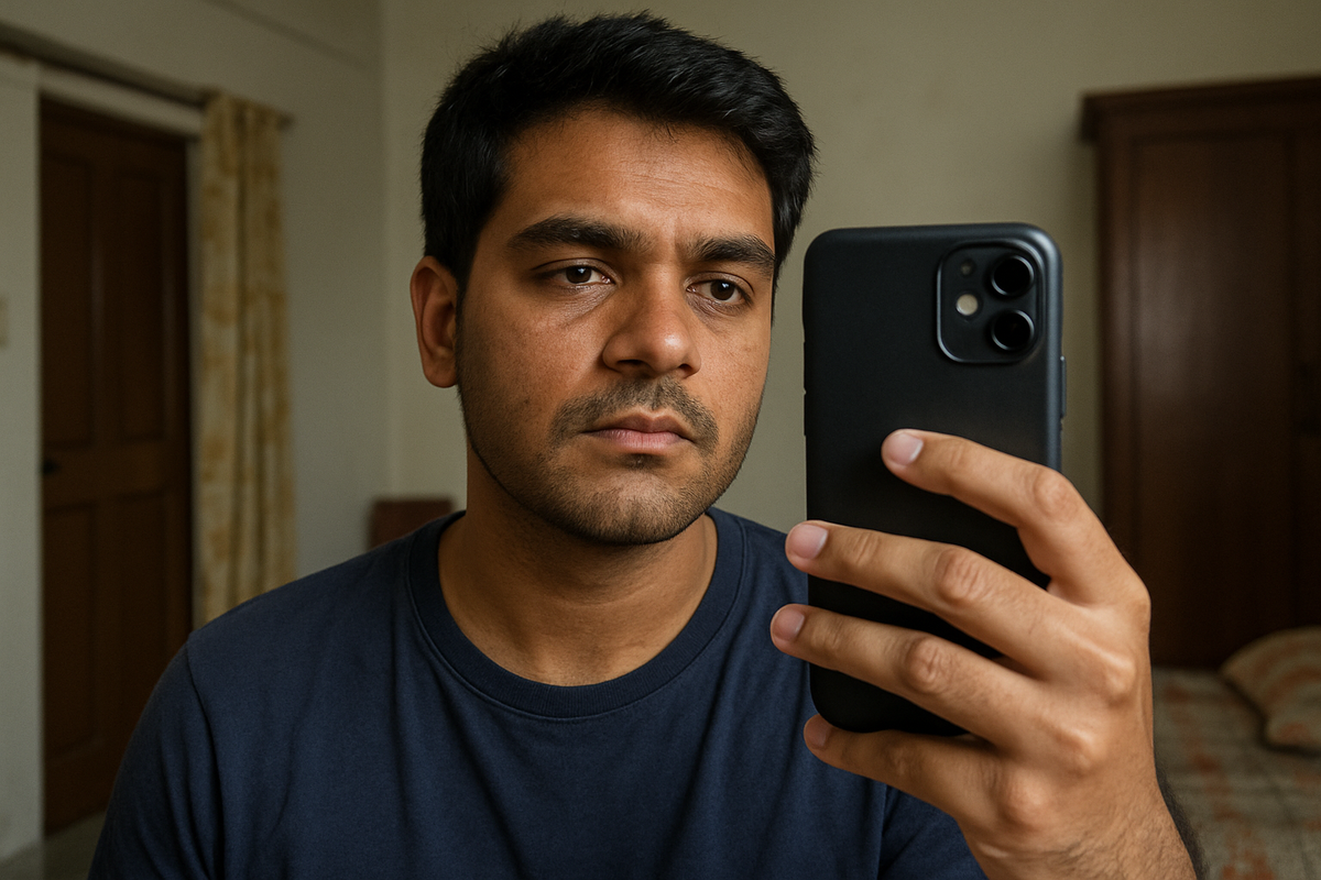 Before image - Male model taking mirror selfie in Indian house