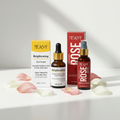 MEANT Glass Skin Glow Duo with Brightening Face Serum and Organic Rose Water Mist surrounded by rose petals on white surface