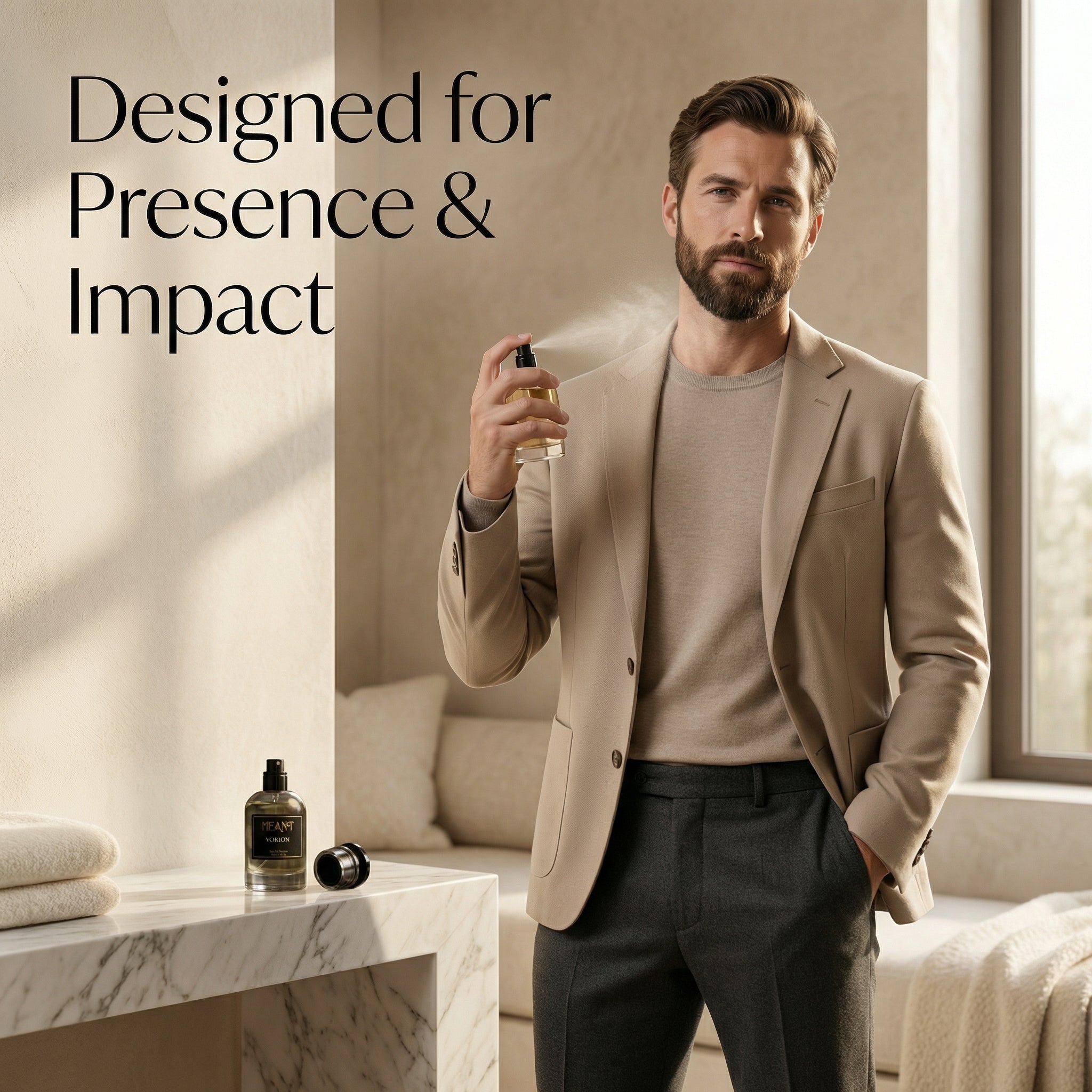 Confident man in a beige blazer holding premium perfume vorion by meant's bottle with text 'Designed for Presence & Impact' in a stylish room.