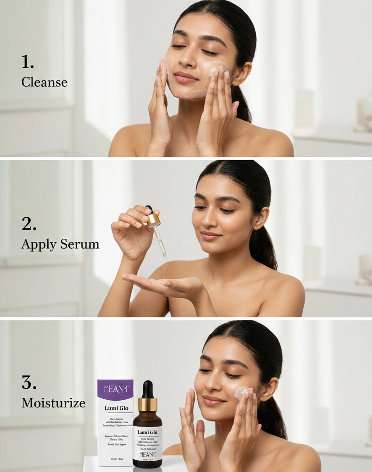 Step-by-step skincare routine with a woman applying serum and moisturizer, featuring a bottle of serum.