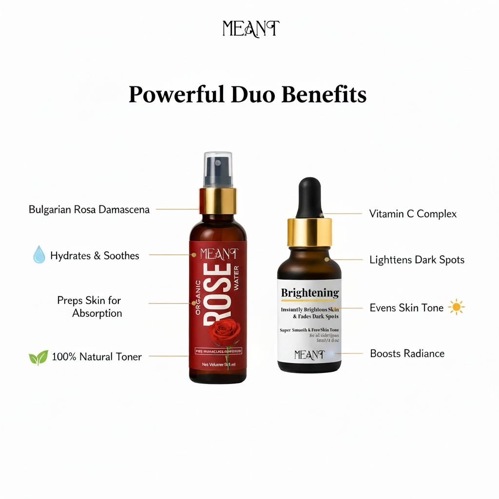MEANT Glass Skin Glow Duo brightening serum and organic rose water mist set with size reference in hand