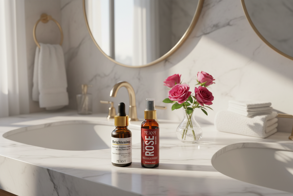 MEANT Glass Skin Glow Duo brightening serum and organic rose water mist on marble bathroom countertop with roses and towels