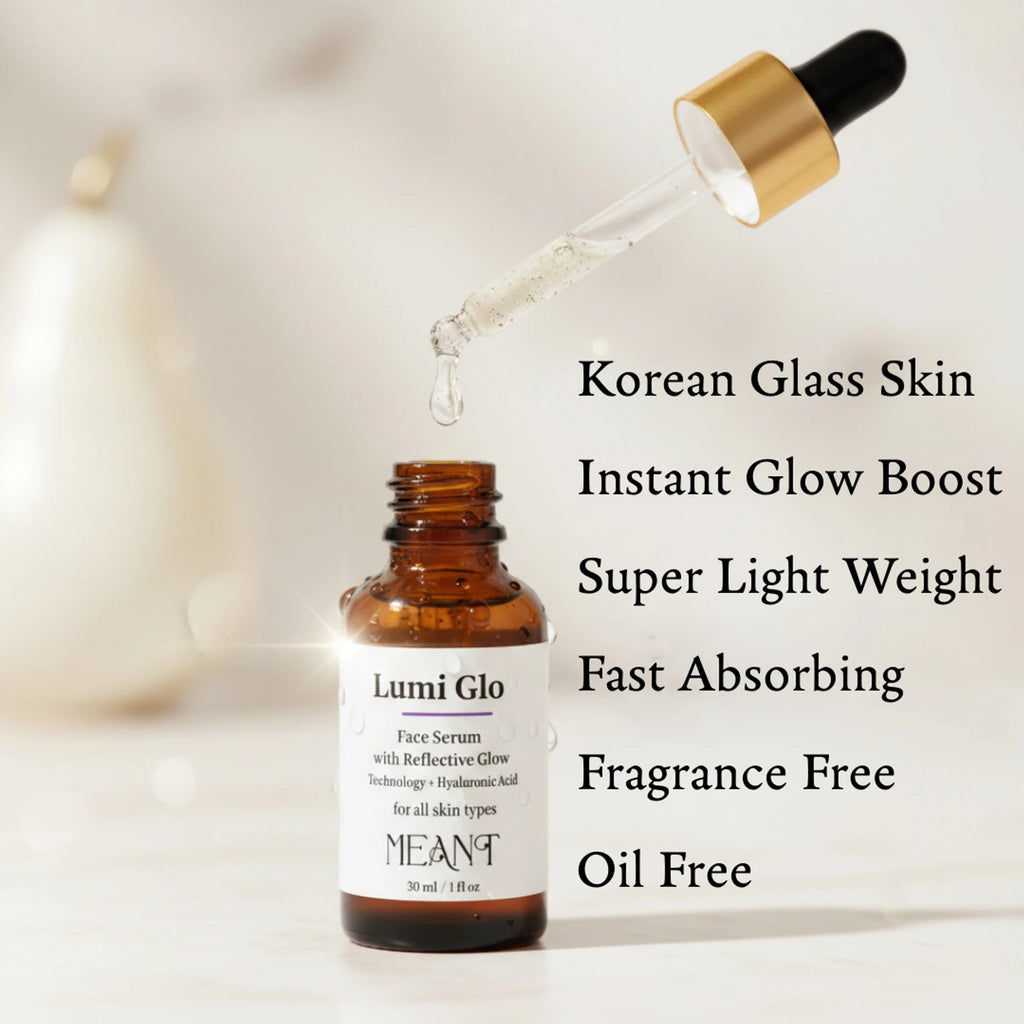 Lumi Glo face serum bottle with dropper on a light background