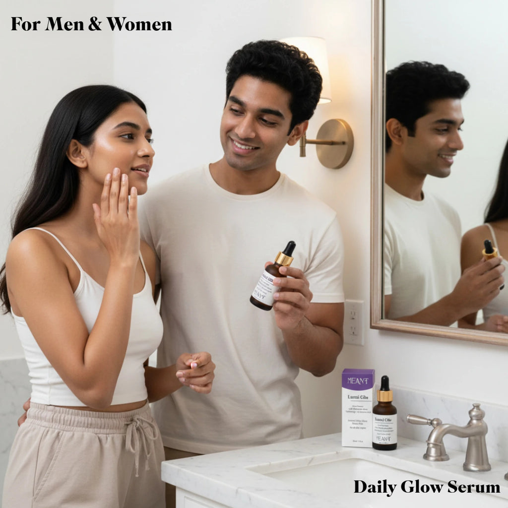 Man and woman in a bathroom examining MEANT Daily Glow Serum bottles.