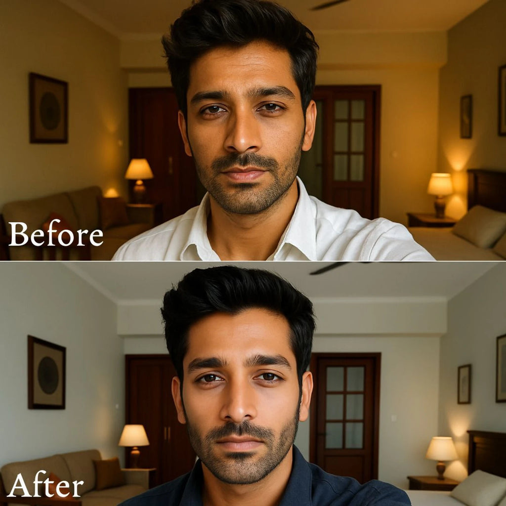 Before and after comparison of a man in a living room setting.