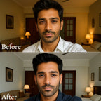 Before and after comparison of a man in a living room setting.