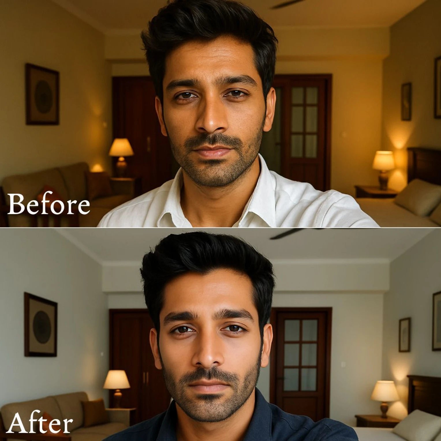 Before and after comparison of a man in a living room setting.