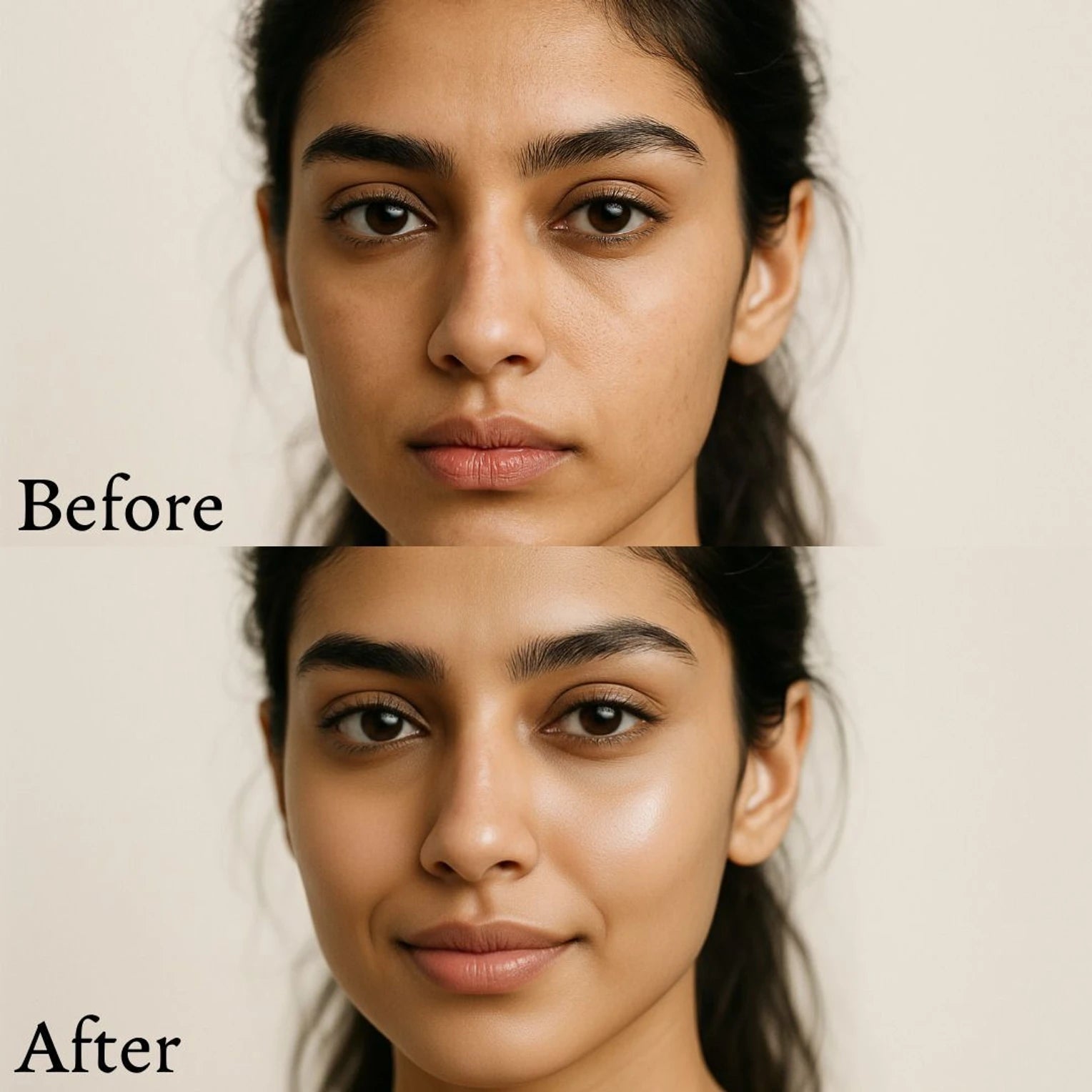 Before and after results of MEANT Hydrating fade serum on a woman's face with a neutral background