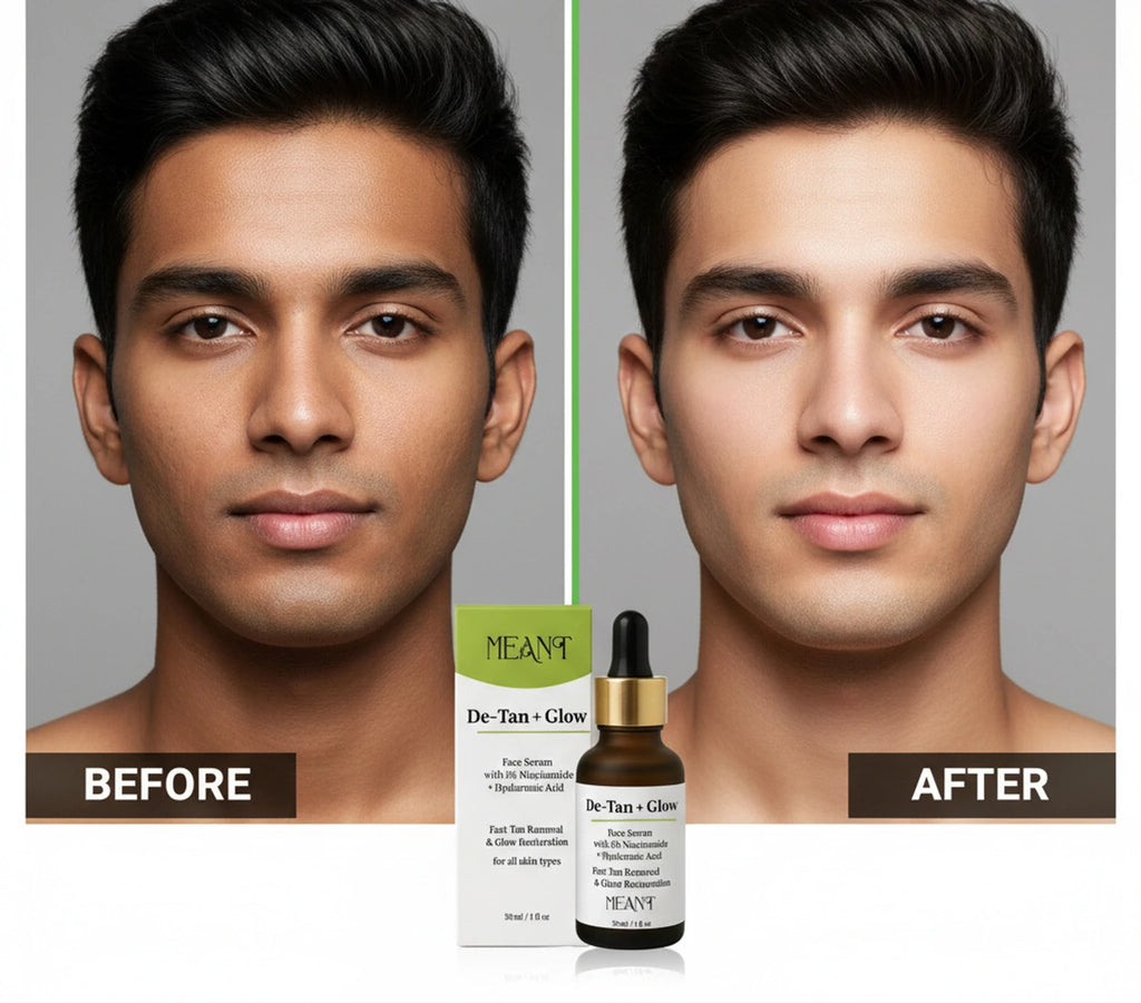 Before and after comparison of a man's face with MEANT skincare products displayed.