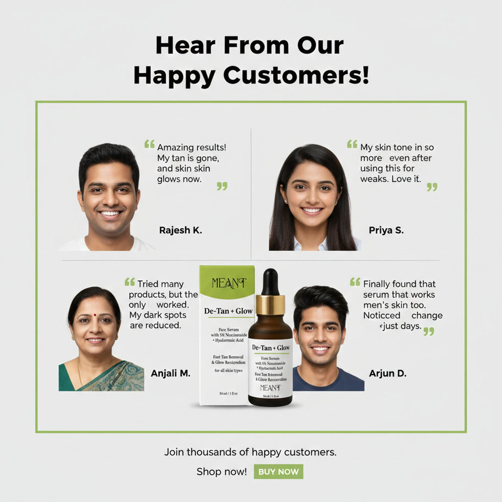 Advertisement featuring happy customers' testimonials and MEANT face serum on a light gray background.