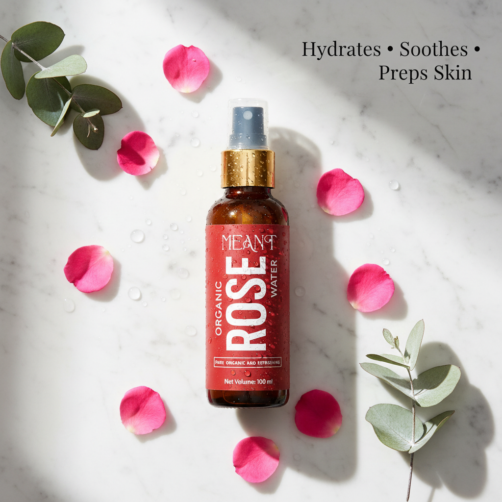 MEANT Glass Skin Glow Duo Brightening Serum and Organic Rose Water Mist skincare set for radiant complexion