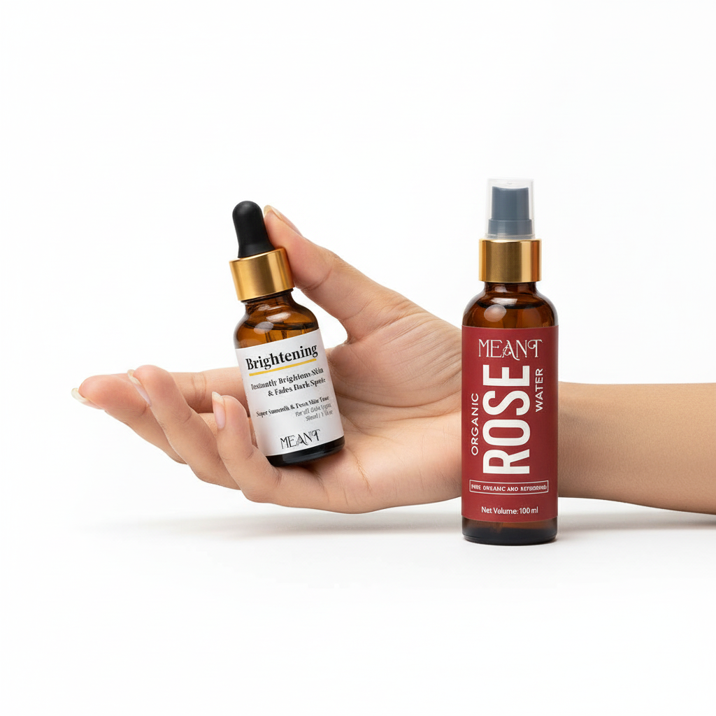 MEANT Glass Skin Glow Duo brightening serum and organic rose water mist set for glowing, hydrated skin