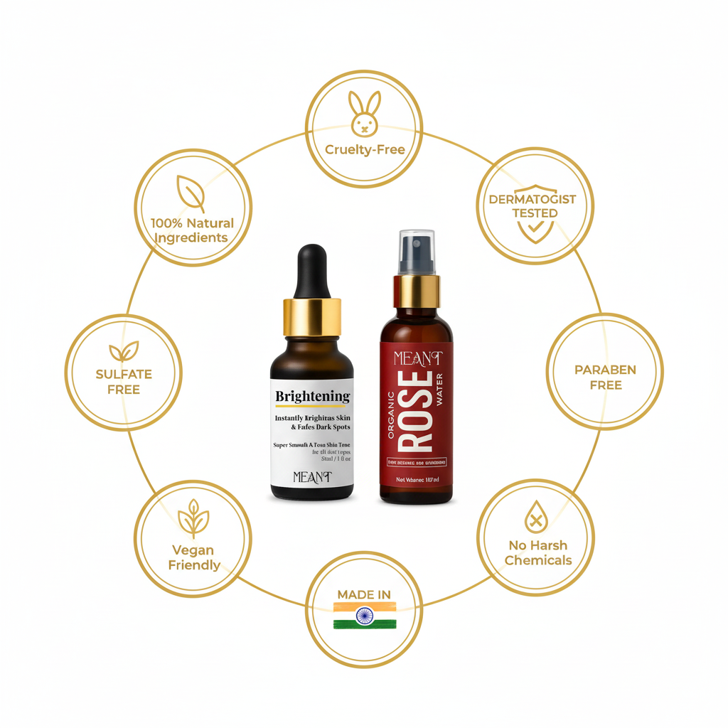MEANT Glass Skin Glow Duo brightening serum and organic rose water mist with natural, vegan, and cruelty-free skincare benefits.