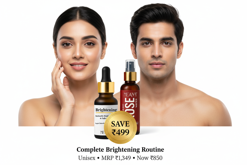 MEANT Glass Skin Glow Duo Brightening Serum and Organic Rose Water Mist set for radiant hydration and luminous complexion